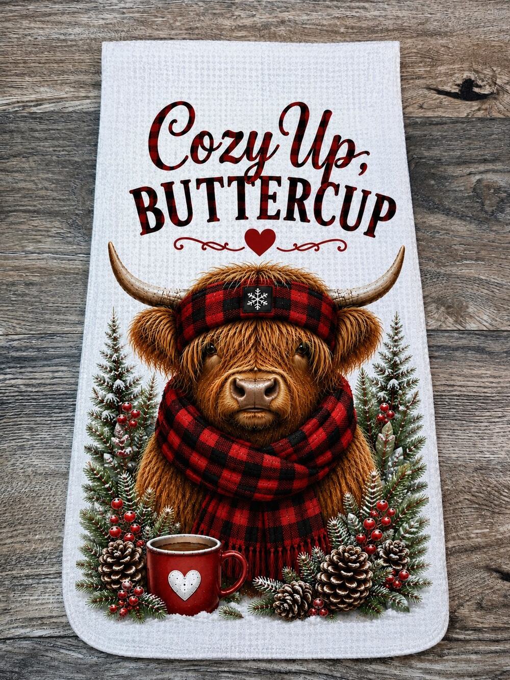 Highland Cow Cozy Up Buttercup Winter Kitchen Towel Farmhouse Decor